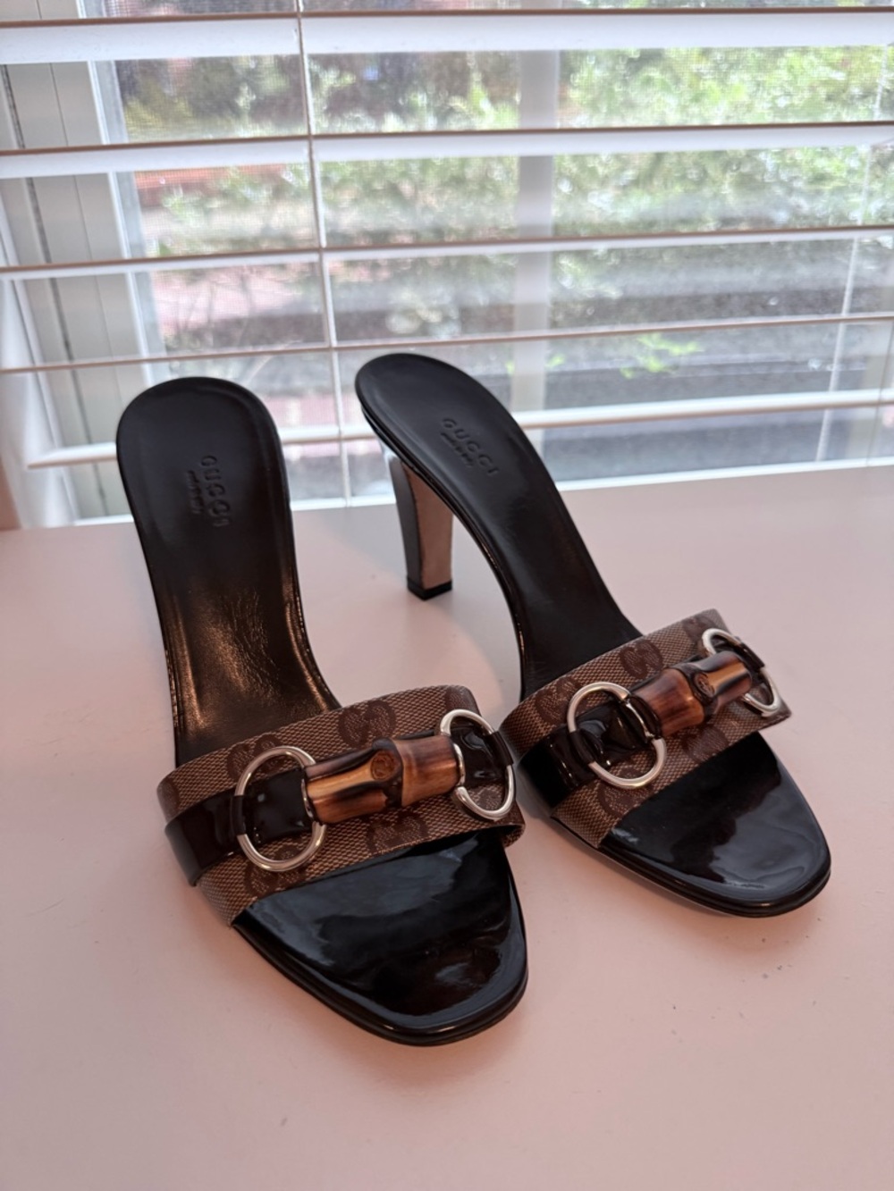 Gucci Black Patent & Brown GG Canvas Bamboo Accent Slide Heels